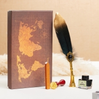 Набор подарочный 5в1 "Силенция": перьевая ручка черная с золотом, чернила, печать, воск