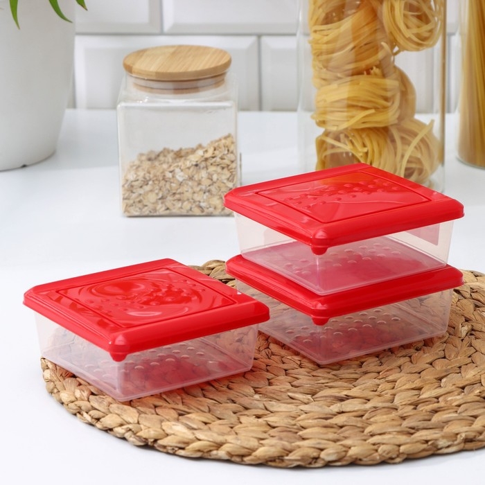 Набор пищевых контейнеров &laquo;Asti&raquo;, 3 шт, 500 мл, квадратный, прозрачные, крышка красная