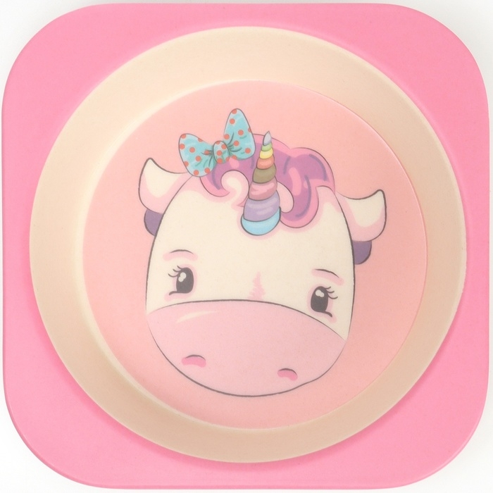 Набор бамбуковой посуды &laquo;Единорог&raquo;, тарелка, миска, стакан, приборы, 5 предметов