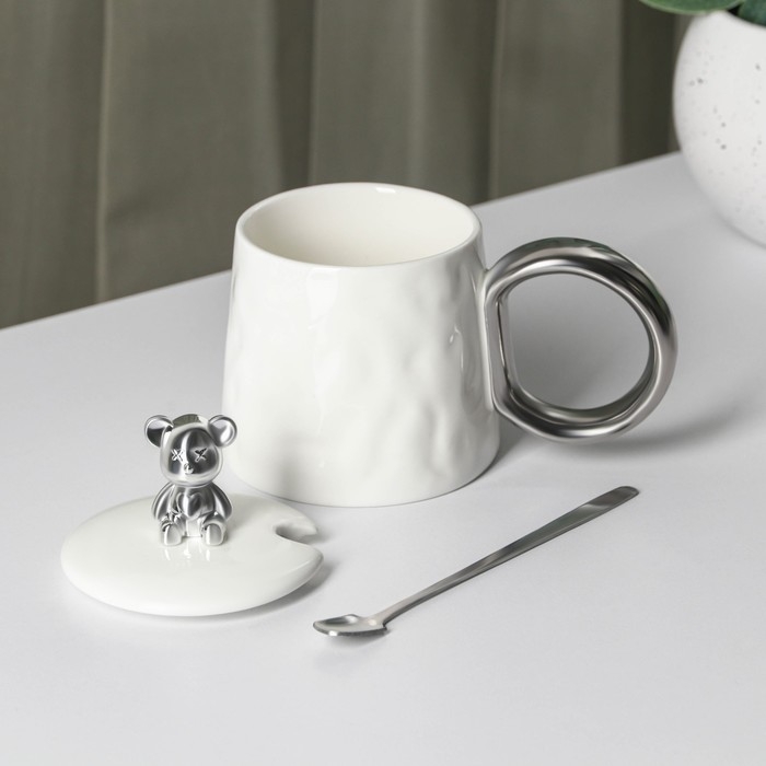Кружка керамическая с ложкой &laquo;Стильный мишка&raquo;, 320 мл, цвет белый