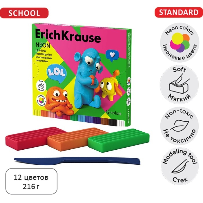 Пластилин 12 цветов, 216 г, ErichKrause Пластилин 12 цветов, 216 г, ErichKrause "Jolly Friends Neon", со стеком, в картонной упаковке