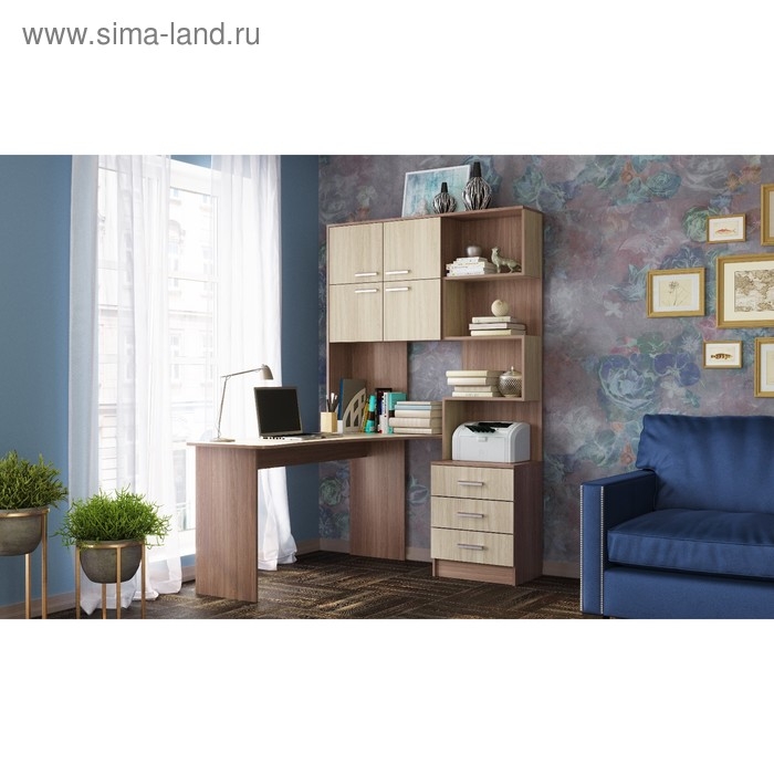 Стол компьютерный №1 Левый, 1280х2000х1450, Ясень шимо темный/Светлый