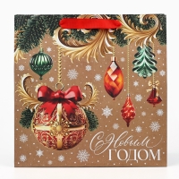 Пакет подарочный новогодний крафтовый квадратный &laquo;Новогодние игрушки&raquo;, 30 х 30 х 12 см, Новый год