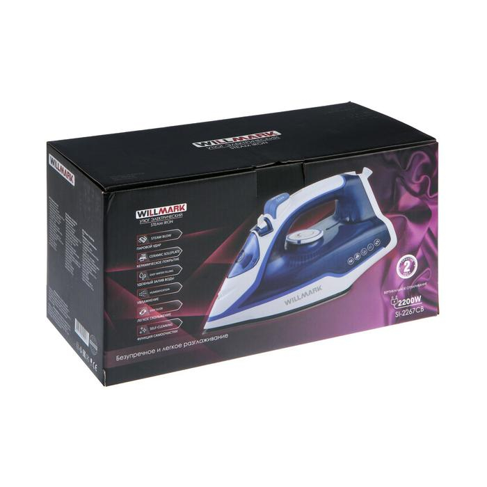 Утюг WILLMARK SI-2267CB, 2200 Вт, антипригарная подошва, 20 г/мин, 210 мл, сине-белый Утюг WILLMARK SI-2267CB, 2200 Вт, антипригарная подошва, 20 г/мин, 210 мл, сине-белый