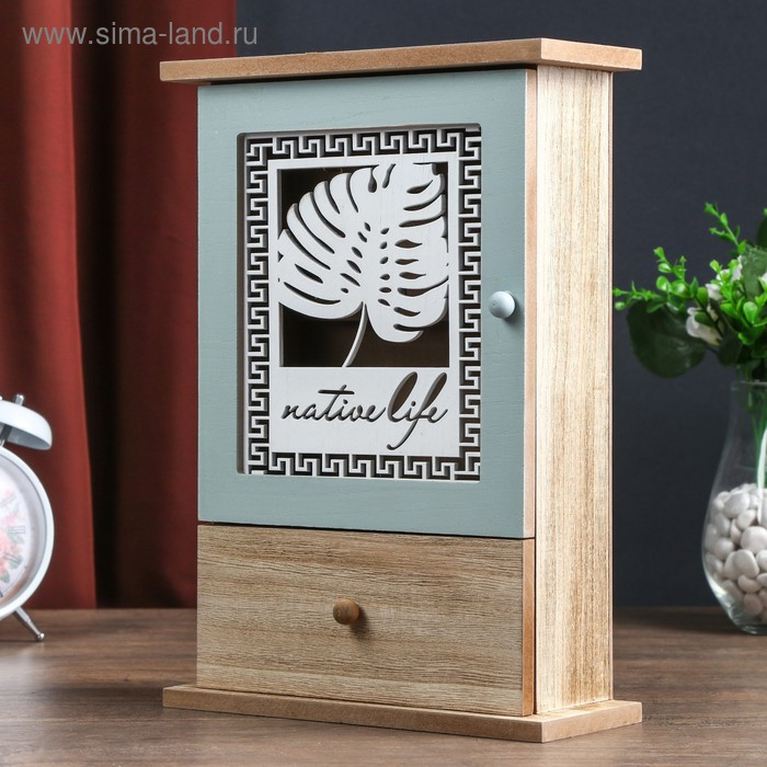 Ключница дерево 6 крючков с ящиком "Пальмовый лист и греческий узор" 29,5х21х8 см