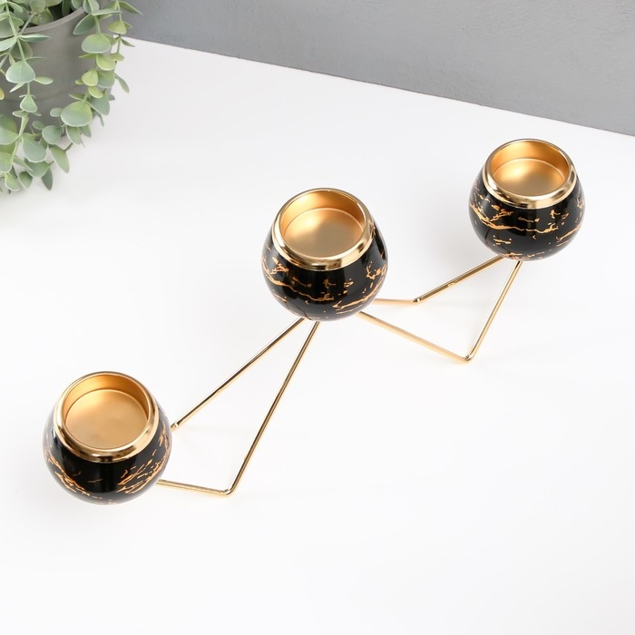 Подсвечник металл на 3 свечи Подсвечник металл на 3 свечи "Чёрный мрамор с золотыми прожилками - зиг-заг" золото 41х19см