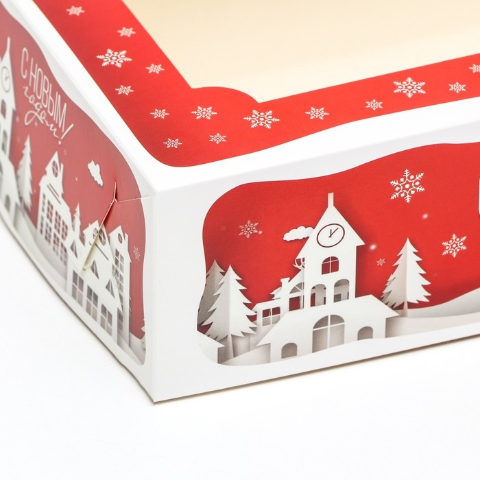 Новый год. Коробка складная, подарочная новогодняя с окном под зефир Новый год. Коробка складная, подарочная новогодняя с окном под зефир "Дом Деда Мороза", 25 х 15 х 7 см.