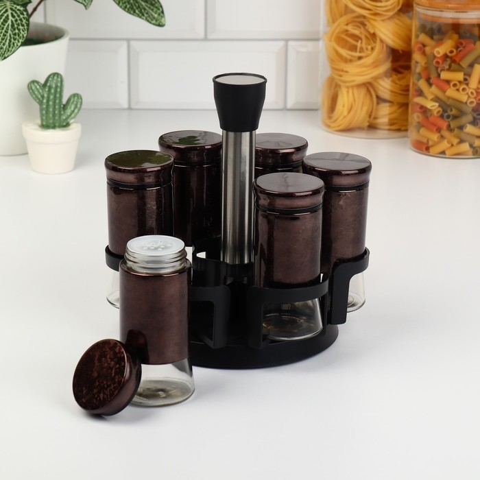 Набор стеклянных ёмкостей для специй на металлической подставке &laquo;Богема&raquo;, 5,5&times;11 см, 6 шт, цвет коричневый