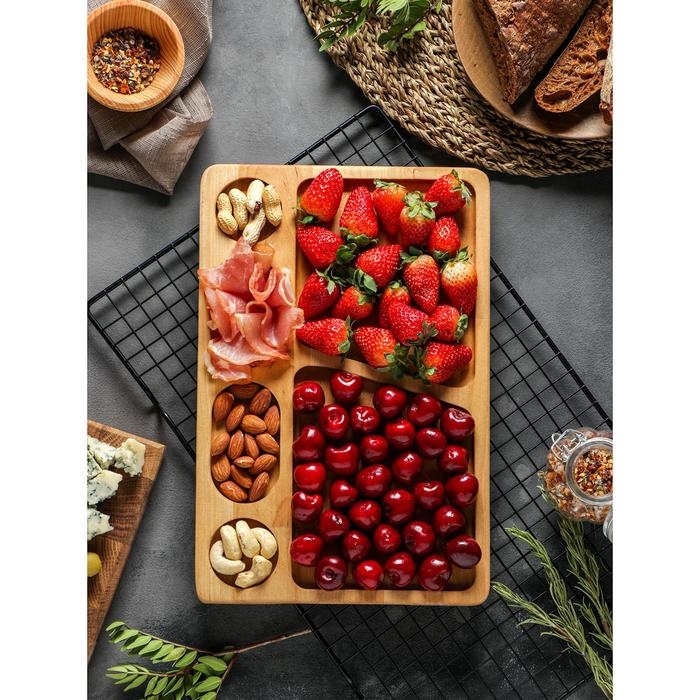 Менажница прямоугольная, 30&times;20&times;1,8 см, 6 секций, берёза