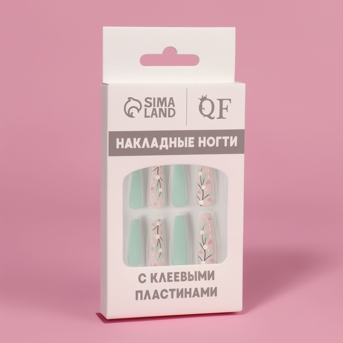 Накладные ногти &laquo;Свежесть&raquo;, 12 шт, с клеевыми пластинами, форма балерина, цвет розовый/бирюзовый