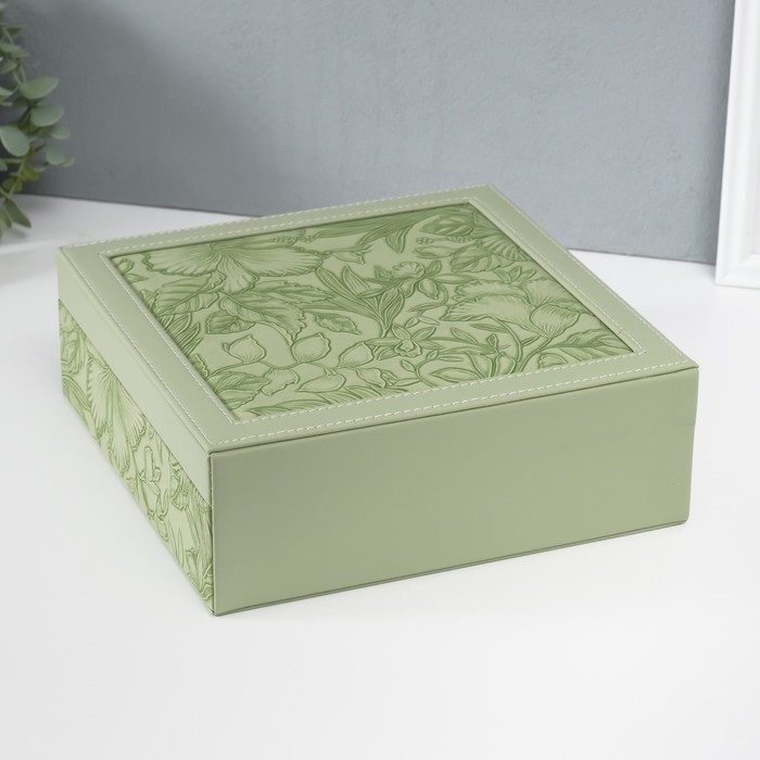 Шкатулка кожзам для украшений "Цветы" тиснение, серо-зелёная 25х25х8 см