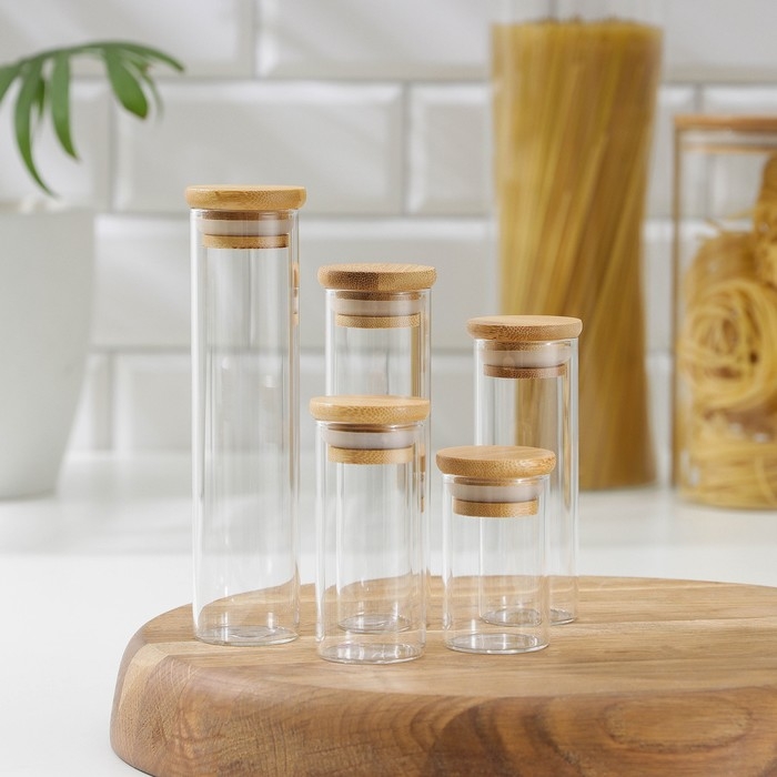 Набор банок стеклянных для сыпучих продуктов «Эко», 3,7×6,5 см, 8,5 см, 10 см, 12,5 см, 15,5 см, 5 шт Набор банок стеклянных для сыпучих продуктов «Эко», 3,7×6,5 см, 8,5 см, 10 см, 12,5 см, 15,5 см, 5 шт