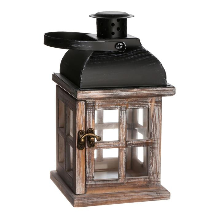 Подсвечник дерево на 1 свечу "Фонарь - окошки" состаренный белый 22х11,5х11,5 см