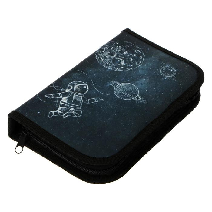 Пенал 1 секция, 130 х 210 х 40 мм, 2 откидные планки, тканевый, Calligrata TOP, Content "Космос синий"