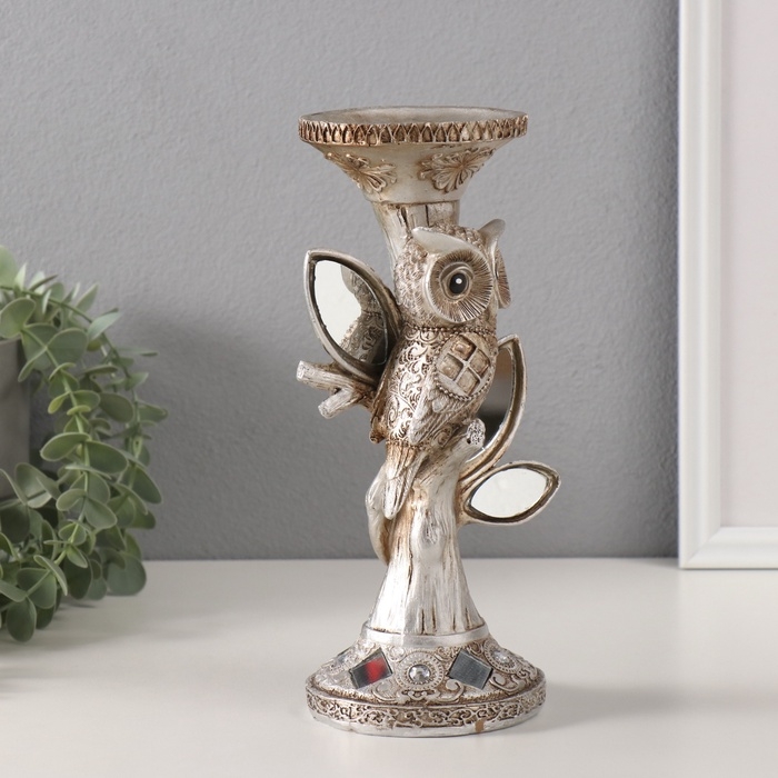 Подсвечник полистоун на 1 свечу "Филин на дереве с зеркальными листьями" 11,5х9х24,2 см