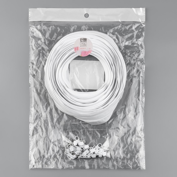 Набор: рулонная молния &laquo;Спираль&raquo; №3, 10 м, 20 бегунков, 40 верхних ограничителей, 20 нижних ограничителей, цвет белый