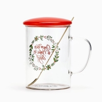Кружка с ложкой и крышкой стеклянная Дорого внимание «Счастья в Новом году», 470 мл Кружка с ложкой и крышкой стеклянная Дорого внимание «Счастья в Новом году», 470 мл