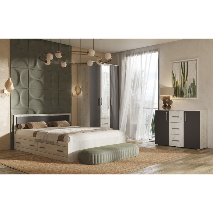 Комод 3 ящика 2 двери Фиеста, 1202х446х908, Графит/Дуб крафт белый