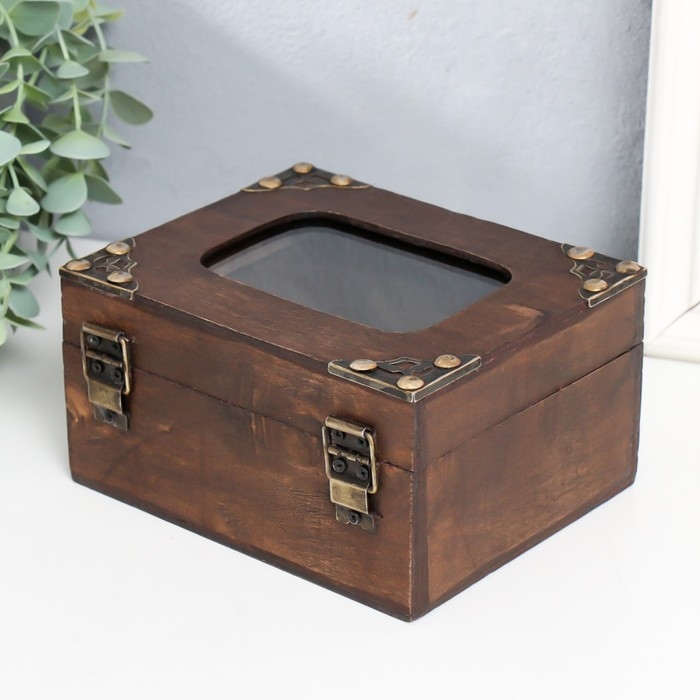 Шкатулка дерево, стекло сундучок Шкатулка дерево, стекло сундучок "Эдвига" с заклёпками, коричневый 16х13х8,5 см
