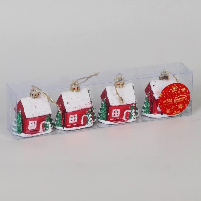 Украшение ёлочное "Сказочный домик" (набор 4 шт) 5х6 см, красный