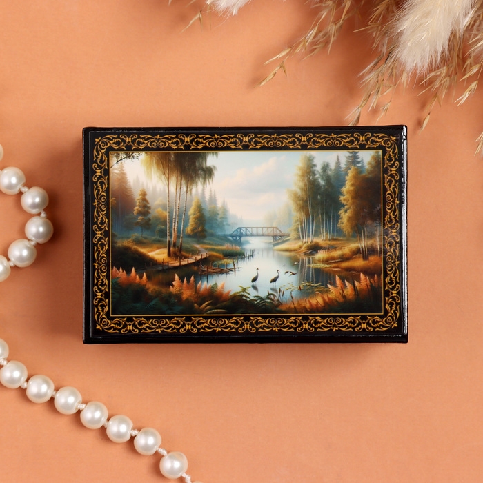 Шкатулка «Журавли на пруду», черная, 6×9 см, лаковая миниатюра Шкатулка «Журавли на пруду», черная, 6×9 см, лаковая миниатюра