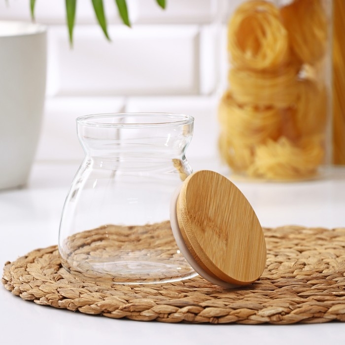 Банка стеклянная для сыпучих продуктов с бамбуковой крышкой «Бамбук», 650 мл, 11×12 см Банка стеклянная для сыпучих продуктов с бамбуковой крышкой «Бамбук», 650 мл, 11×12 см
