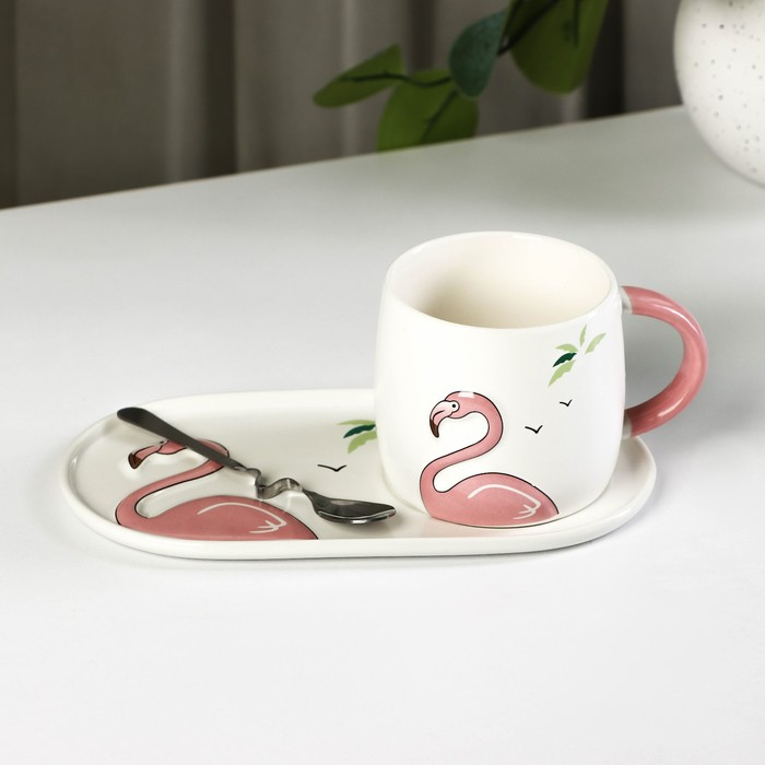 Чайная пара керамическая &laquo;Тропики&raquo;, 300 мл, подставка 21&times;11,5, ложка