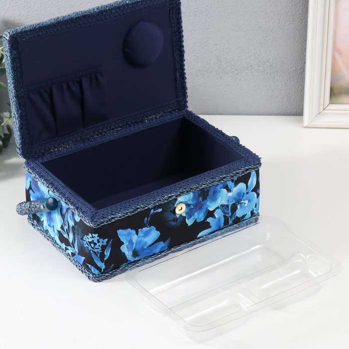 Шкатулка для рукоделия "Голубые цветы на синем" 24х16х11 см