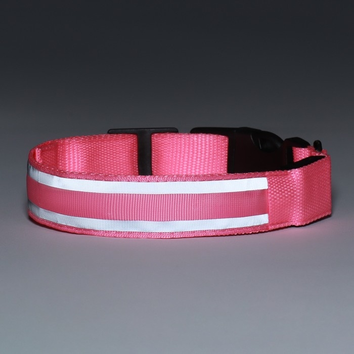 Ошейник с подсветкой Двойная полоса размер М, ОШ 40-48 х 2,5 см 3 режима свечения розовый