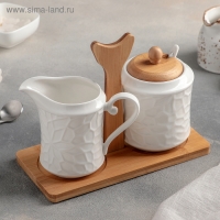 Набор фарфоровый сервировочный на деревянной подставке Доляна «Кракле», 2 предмета: молочник 170 мл, сахарница с ложкой, цвет белый Набор фарфоровый сервировочный на деревянной подставке Доляна «Кракле», 2 предмета: молочник 170 мл, сахарница с ложкой, цвет белый