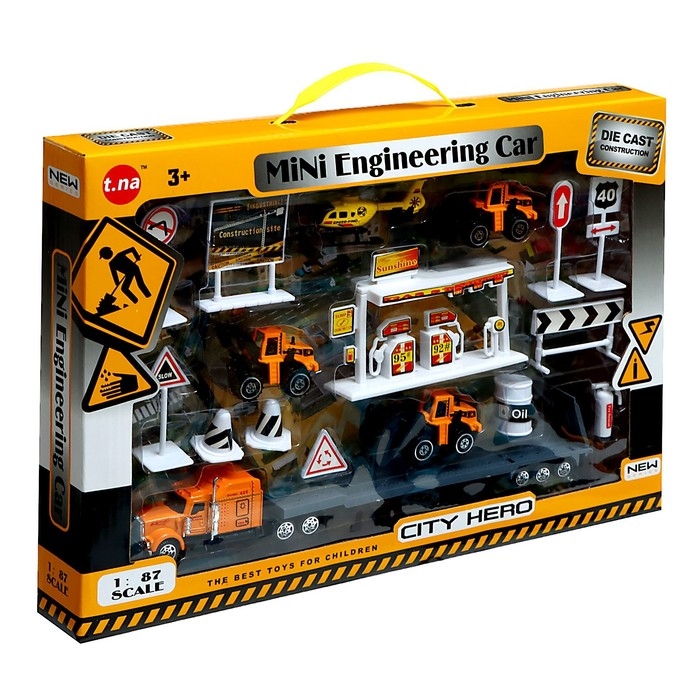 Игровой набор из металла &laquo;Строительная техника&raquo;, в комплекте дорожные знаки и техника