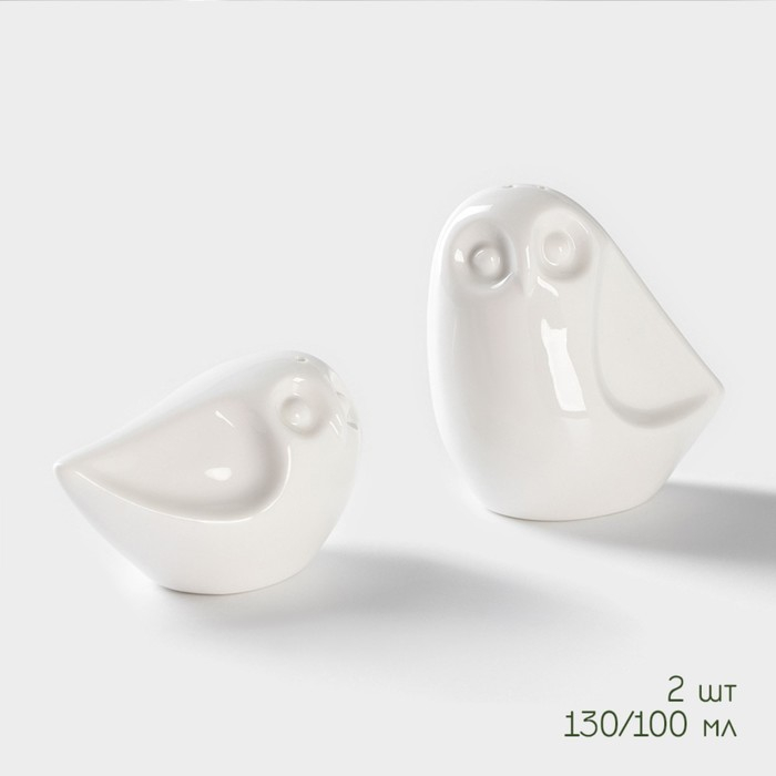 Набор фарфоровый для специй на бамбуковой подставке BellaTenero &laquo;Совы&raquo;, 2 предмета: солонка 100 мл, перечница 130 мл, цвет белый