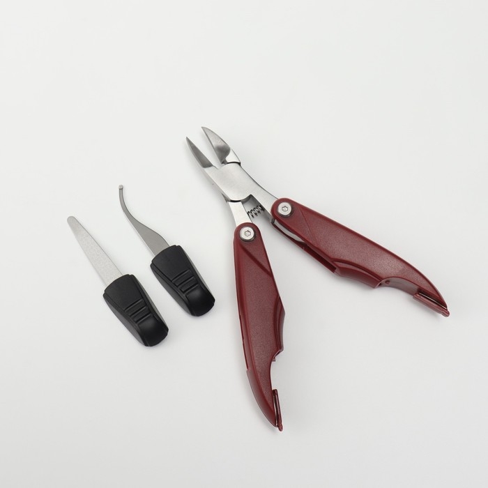 Кусачки педикюрные, 3 в 1, с лазерной пилочкой, изогнутое лезвие, складные, 8,7 см, длина лезвия - 18 мм, цвет бордовый Кусачки педикюрные, 3 в 1, с лазерной пилочкой, изогнутое лезвие, складные, 8,7 см, длина лезвия - 18 мм, цвет бордовый