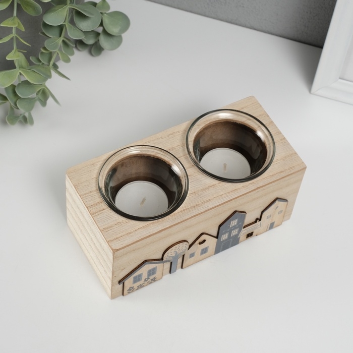 Подсвечник дерево на 2 свечи Подсвечник дерево на 2 свечи "Домики" d=4 см 7,7х15,5х8 см