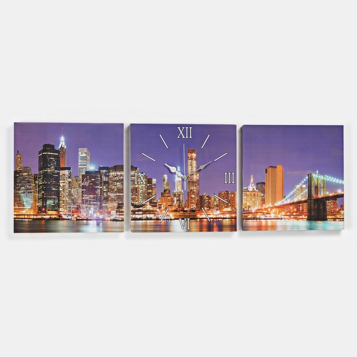 Часы-картина настенные, модульные Часы-картина настенные, модульные "Огни большого города", бесшумные, 35 х 110 см, триптих