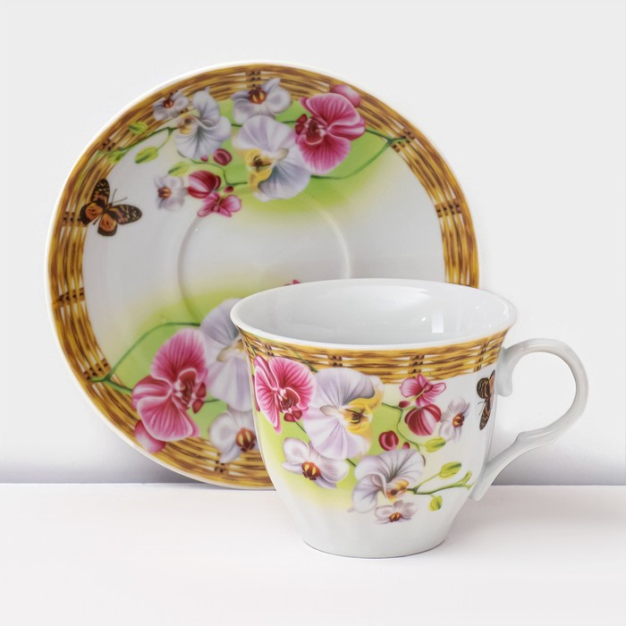 Набор чайный керамический на металлической подставке Доляна &laquo;Садовый дворик&raquo;, 13 предметов: 6 чашек 200 мл, 6 блюдец d=14,1 см, чайник 1 л ㅤ