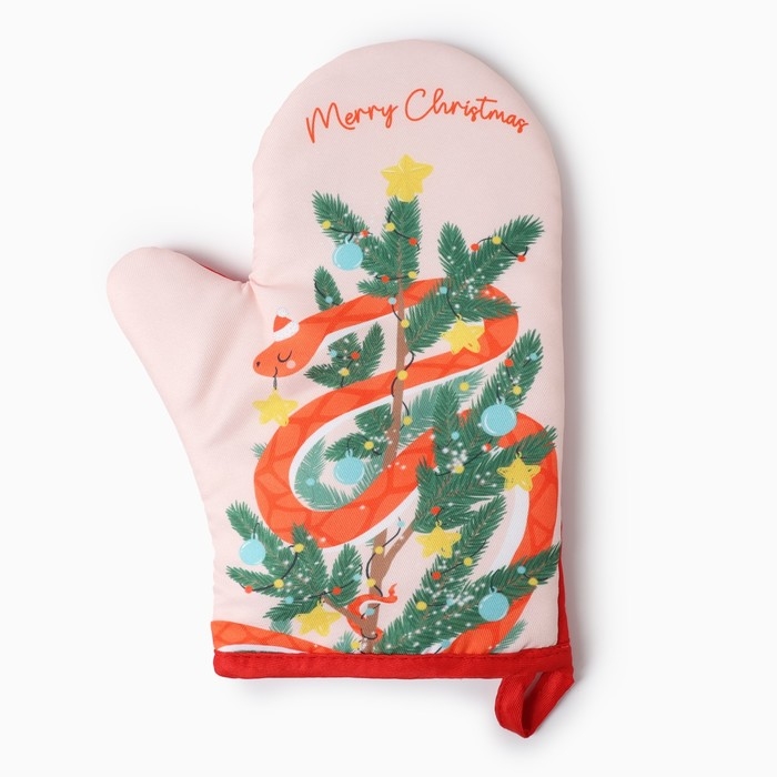 Новый год. Символ года 2025. Змея. Варежка-прихватка "Merry Christmas" 20х27см,100% п/э