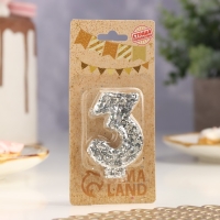 Свеча в торт &laquo;Блестки&raquo;, цифра "3", серебро, 6.5х4