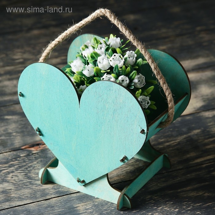 Кашпо деревянное 17.7&times;10.5&times;15 см уникальное "Сердце на двоих", ручка верёвка, тиффани