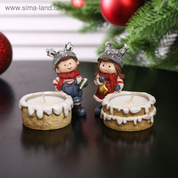 Сувенир полистоун подсвечник со свечой "Мальчик/Девочка в шапочке-зверька" МИКС 7,2х8х5,2 см