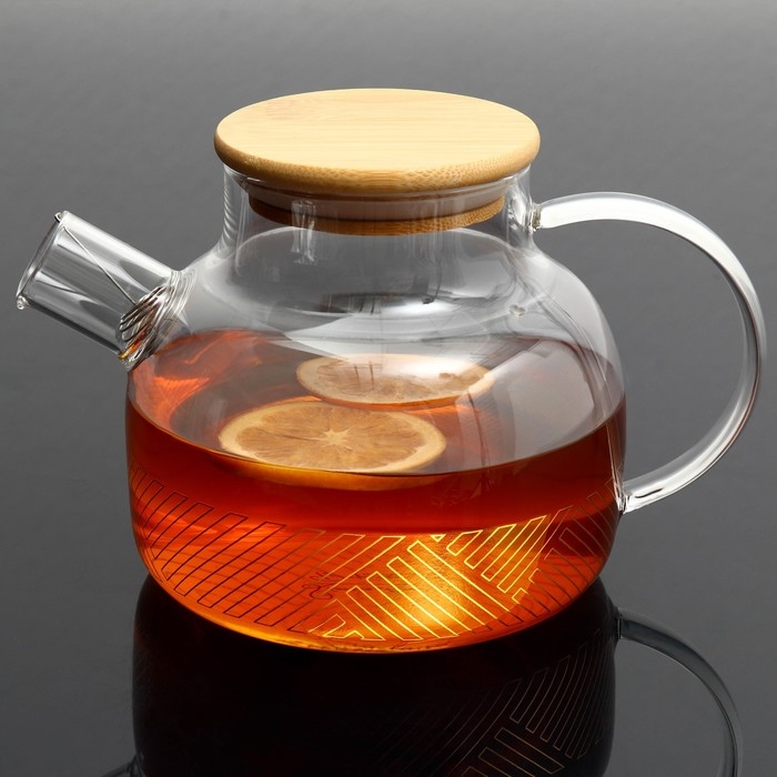 Чайник стеклянный заварочный с бамбуковой крышкой &laquo;Геометрия&raquo;, 1000 мл