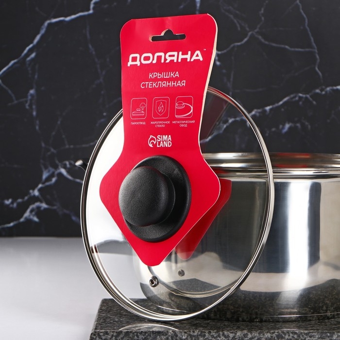 Крышка стеклянная для сковороды и кастрюли &laquo;Доляна&raquo;, d=20 см, нержавеющий обод, пластиковая ручка