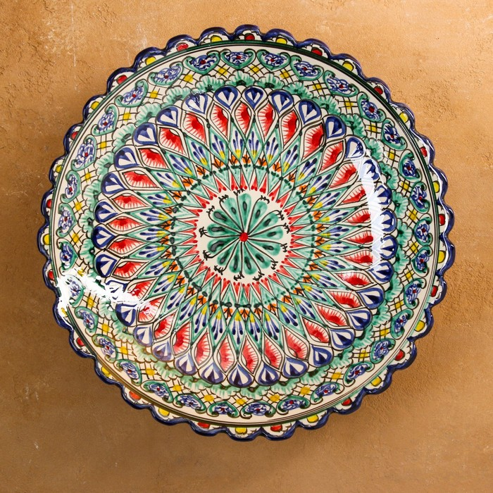 Ляган Риштанская Керамика "Цветы", 32 см, синий, рифлёный, глубокий