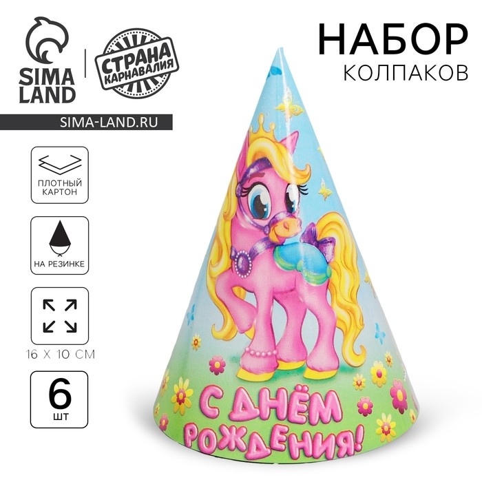 Бумажные колпаки &laquo;С днём рождения! Пони&raquo;, набор 6 шт., 16 см