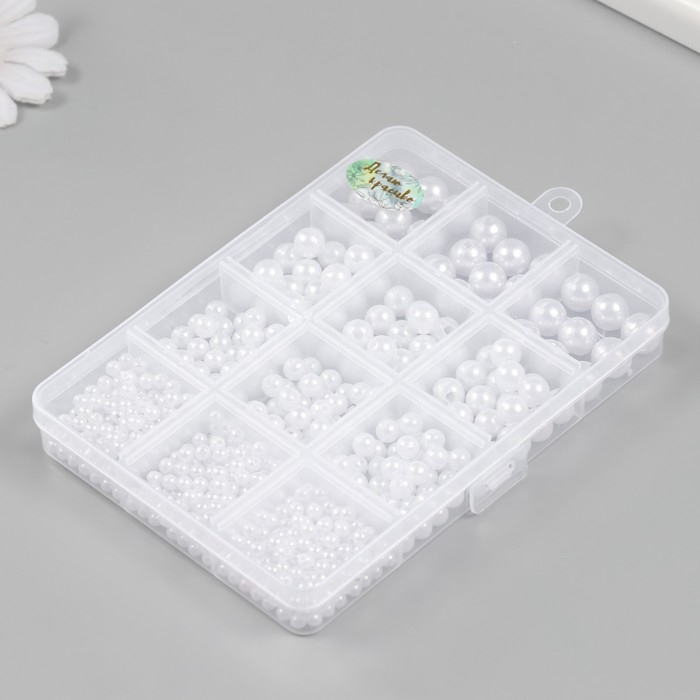 Бусины в шкатулке "Белый перламутр" 12 делений 10х13,5х1,8 см