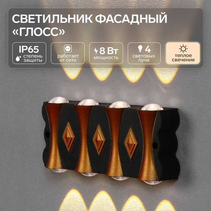 Светильник фасадный &laquo;Глосс&raquo;, FSD-044, 8 Вт, 3000К, 4 луча, IP65, 220 В, пластик, черный