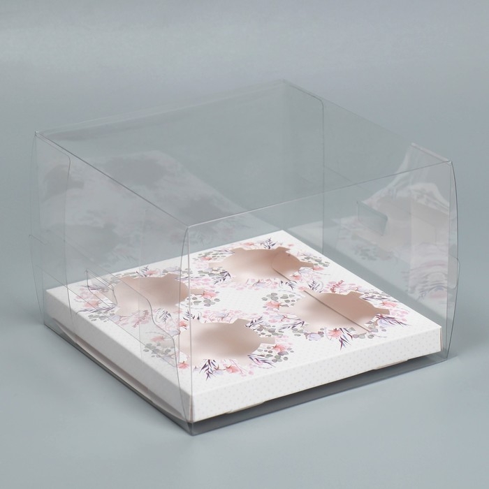 Коробка для капкейка, кондитерская упаковка, 4 ячейки, &laquo;Венки&raquo;, 16 х 16 х 11.5 см