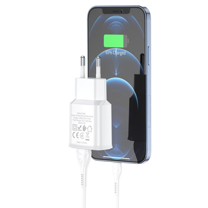Сетевое зарядное устройство Hoco C88A, 2 USB, 2.4 А, кабель Lightning - USB, 1 м, белый Сетевое зарядное устройство Hoco C88A, 2 USB, 2.4 А, кабель Lightning - USB, 1 м, белый