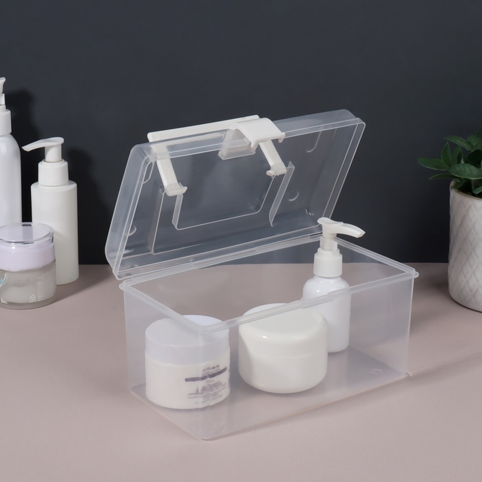 Органайзер для хранения, с крышкой, с ручкой, 19,5 &times; 12 &times; 11 см цвет прозрачный/белый