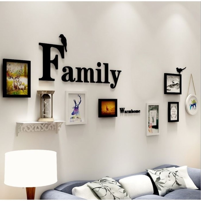 Фоторамка пластик на 7 фото+надпись+полочка "Family. Птицы" чёрно-белые набор 86х186 см